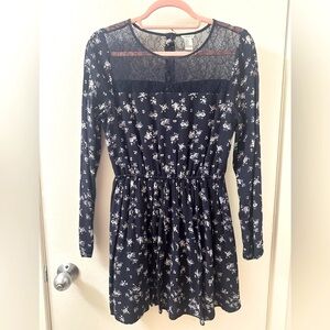 Forever 21 Vintage Navy Paisley Long Sleeve Mini Dress w Lace, Double Lined